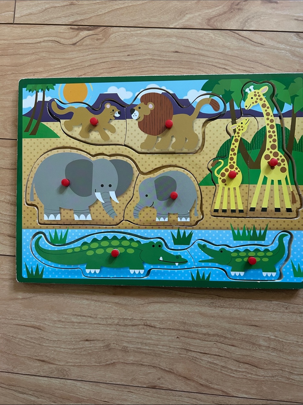 Circo Safari Animal and Babies Wooden Peg Puzzle - Green, Yellow, Gray, Brown